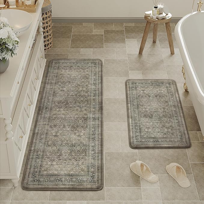 2-Piece Brown Vintage Kitchen Mat Set | Wider, Washable, Anti Fatigue, Non Slip, Soft, Vintage, Floral, Distressed, Farmhouse, for Sink Entryway Bathroom Laundry