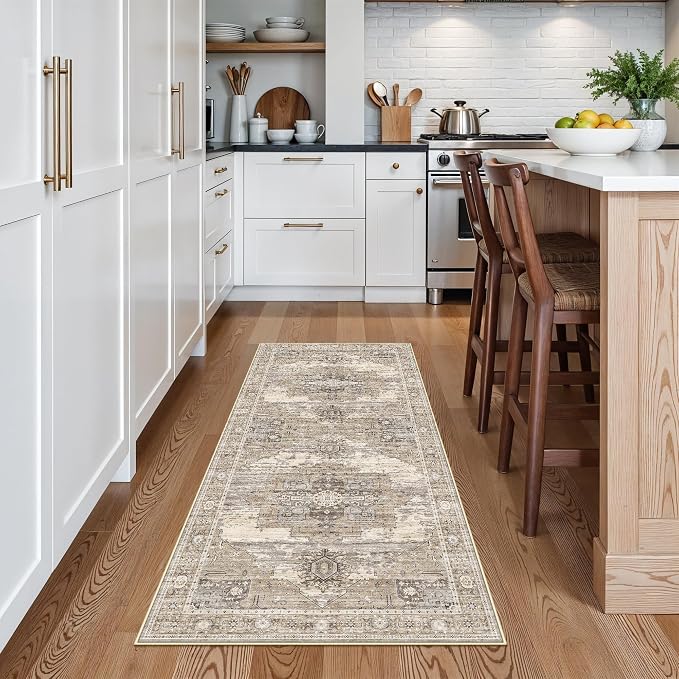 RUUGME Washable 3X6 Runner Rug - Soft Ultra Thin Easy to Clean Runner for Housewife Aged 35-44 - Perfect for Entryway/Hallway/Kitchen/Balcony Vintage Boho Rug 3x6 Beige