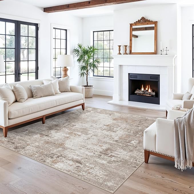 ZHXXUJ Washable 6x6 Square Area Rug – Non Slip Modern Abstract for Kitchen Dining Room Living Room – Low Pile Thin Soft Indoor Rug (Beige Grey)