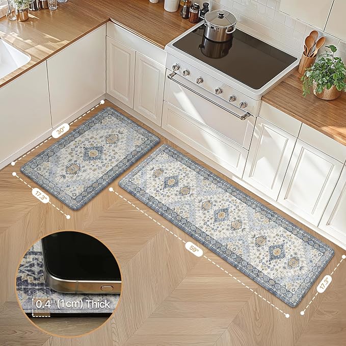 GENIMO Anti Fatigue Kitchen Mats for Floor 2PCS, Cushioned Standing Mats | 17.3"x59"&17.3"x30", Light Green vintage boho rug set, waterproof, non-slip, easy-clean for home laundry sink farmhouse