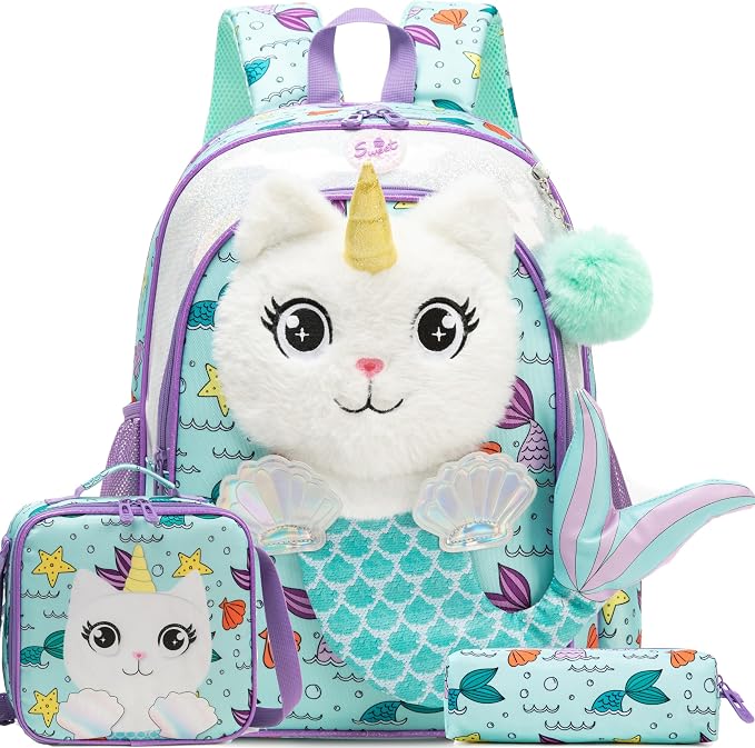 Meetbelify Cute Mermaid Kids Backpacks for Girls School Backpack with Lunch Bag Pencil Case for Elementary Student 3D Carton Plush Kids Travel School Bag for Girls Ages 6-8 Years Old