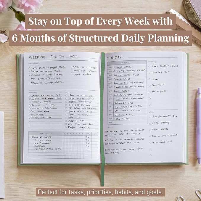 Rileys & Co Undated Daily Planner 8 x 6 in, Day Schedule Planner & Agenda Book, Journal with Goal & Habit Tracker, No Dates Dateless Annual Organizer for Work, School & Home - Green