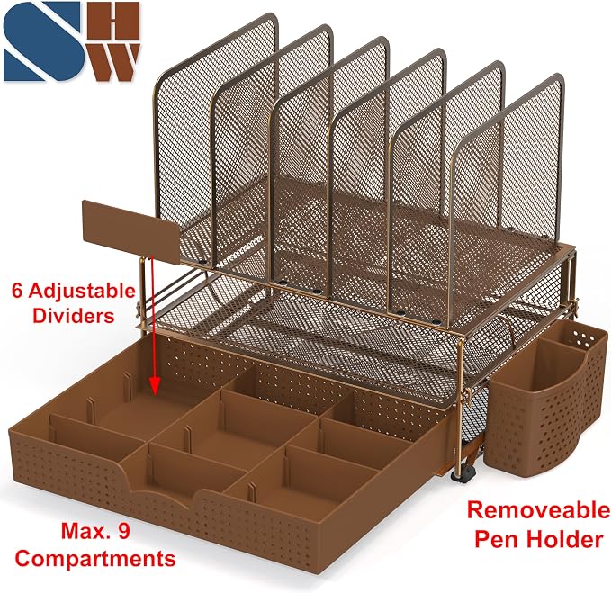 Simple Houseware Mesh Desk Organizer with Sliding Drawer, Double Tray and 5 Upright Sections, Copper
