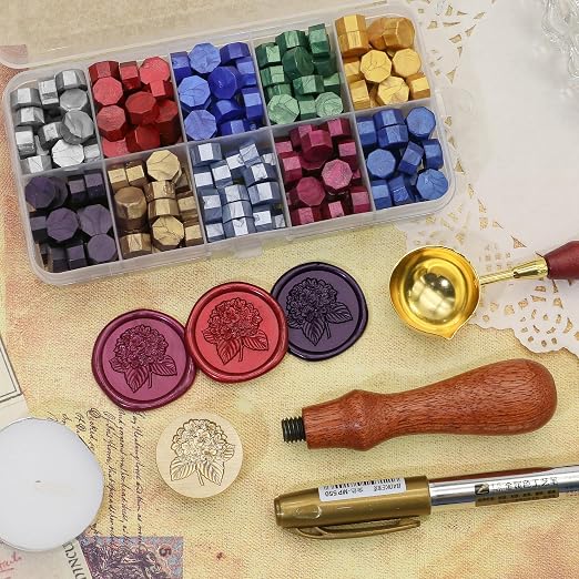 SWANGSA 3D Hydrangea Wax Seal Stamp Kit with 200pcs Sealing Wax Beads, Great for Embellishment of Wedding Invitations, Wine Packages, Gift Wraps