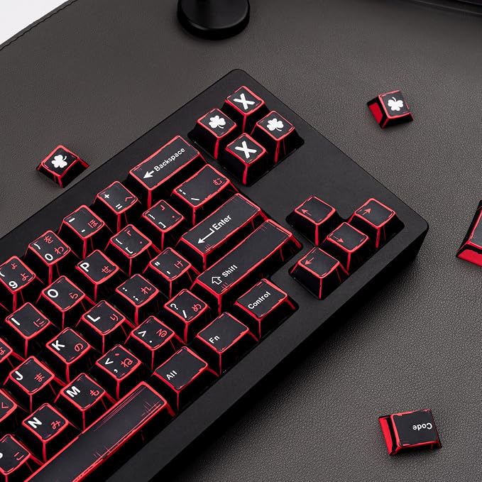 Japanese Manga Keycaps 130 Keys, Custom PBT Black and Red Keycaps, Cherry Profile Dye Sub Keycap Set Fit for 61/64/87/104/108 Cherry MX Switches Mechanical Keyboard