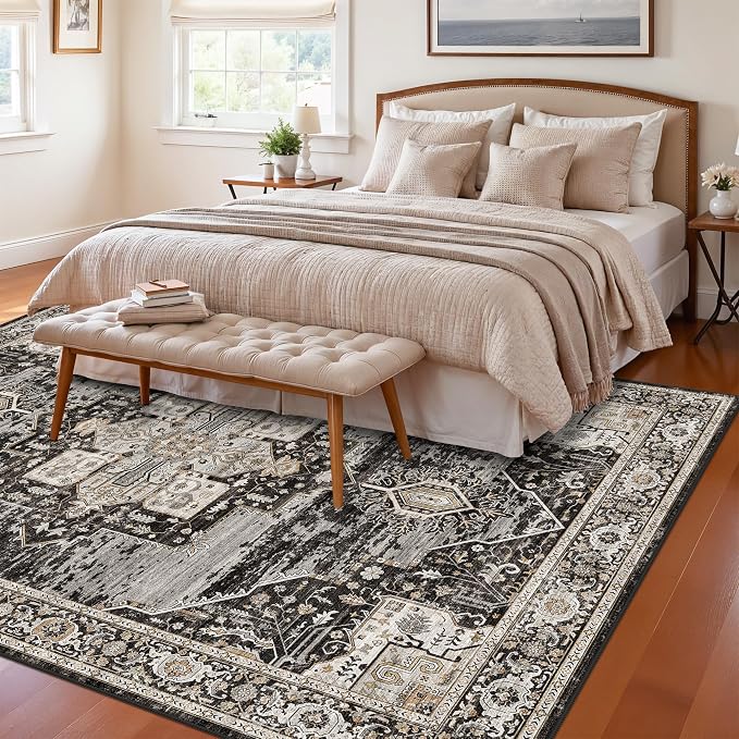 RUUGME Washable 6x8 Oriental Area Rug - Soft Stain Resistant Rugs for Living Room Bedroom Non Slip Low Pile Carpets for Dining Room Non-Shedding Home Decor Mat for Bathroom Study Room 6x8 Black