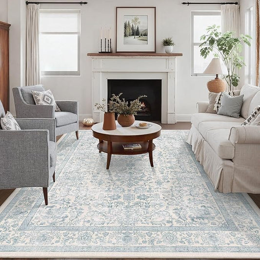 5x7 Blue Washable Area Rugs for Living Room Non Slip Low Pile Vintage Boho Throw Rug Soft Retro Distressed Floral Carpet Indoor Farmhouse Decor for Bedroom Dining Room Office Kitchen Playroom