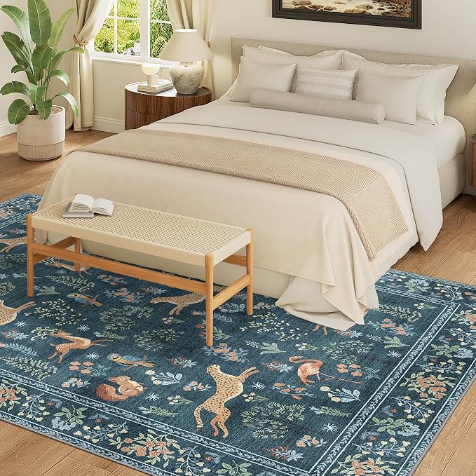 DUKINO 5x7 Rug, Washable Animal Living Room Rug with Non Slip Vintage Design, Soft Low Pile Large Carpet for Bedroom, Nursery, Dining Room, Farmhouse, Playroom, Blue