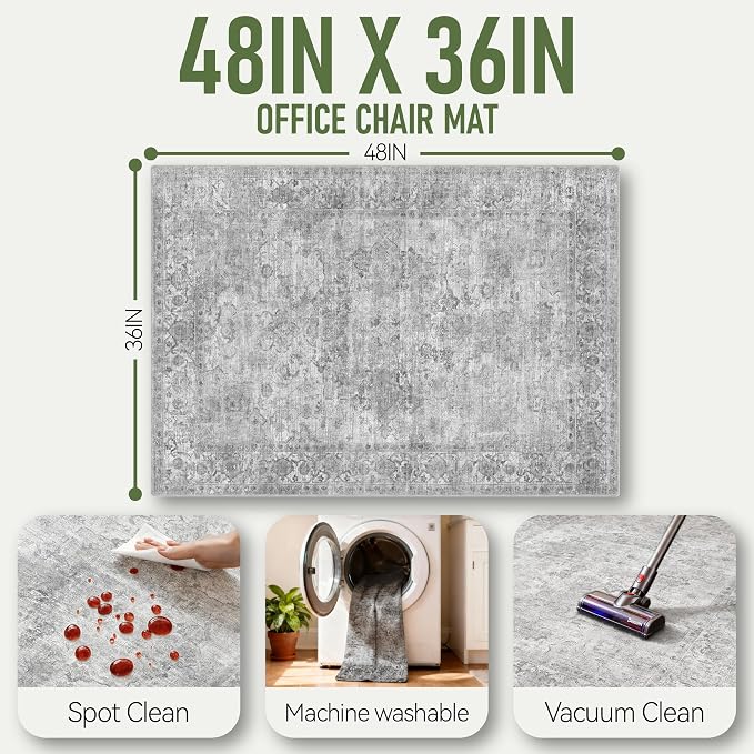 Office Chair Mat for Hardwood Floor, 36"x48" Desk Chair Mat for Home Office, Non-Slip Desk Rug, Under Desk Mat for Rolling Chair,Washable Rugs for Gaming Chairs-Light Grey