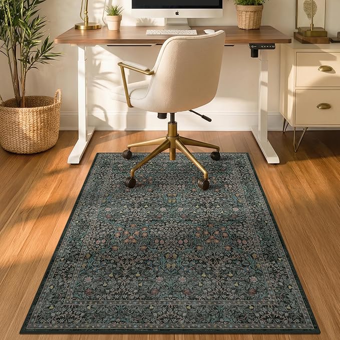 Vintage Floral Dark Green Office Chair Mat for Hardwood & Tile Floor, 3x4 Non-Slip Ultra Soft Low Pile Under Desk Rug, Floor Protector for Heavy Duty Office Chair, Stain Resistant, Easy to Clean