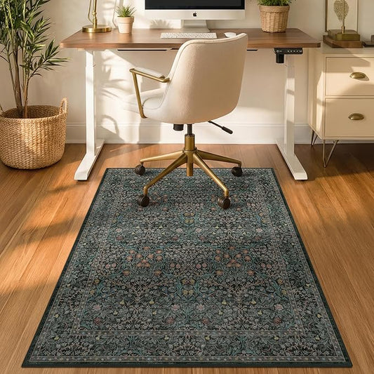 Vintage Floral Dark Green Office Chair Mat for Hardwood & Tile Floor, 3x4 Non-Slip Ultra Soft Low Pile Under Desk Rug, Floor Protector for Heavy Duty Office Chair, Stain Resistant, Easy to Clean