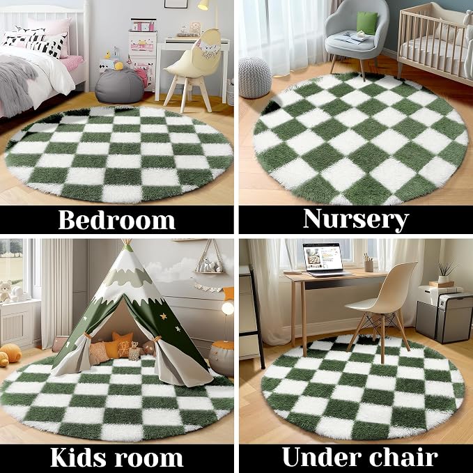 KICMOR Round Rugs 5ft Olive Green and White Circle Area Rug, Fluffy Soft Fuzzy Shag Shaggy Bedroom Living Room Carpet, Indoor Checkered Circular Rug for Kids Boys Girls Home Decor Aesthetic, Nursery