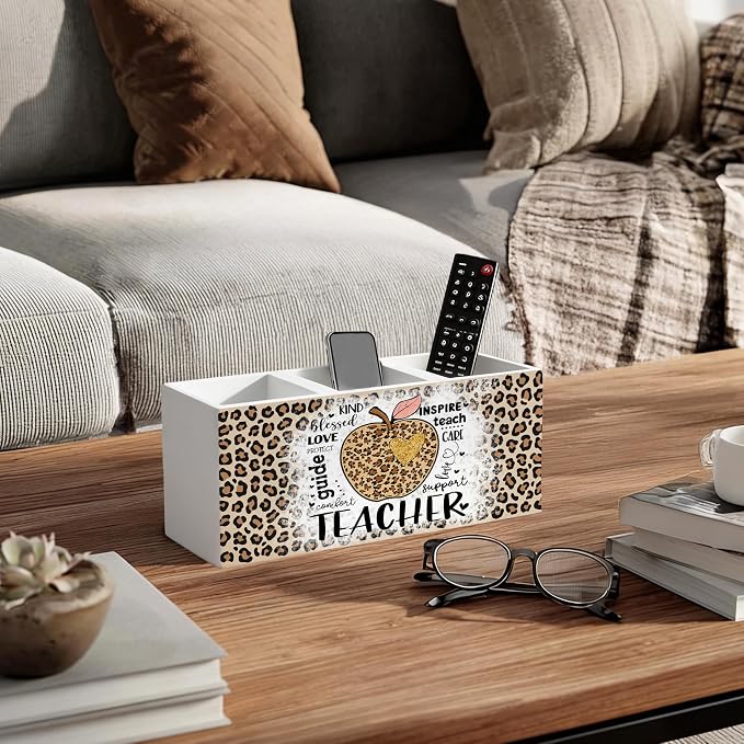Leopard Print Teacher Wooden Pen Holder for Desk, Teacher Appreciation Gifts for Women, Educator Gifts Pencil Organizer Wooden Box Sign for School Office Classroom Decoration