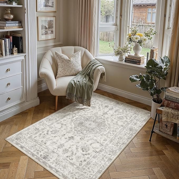 PureCozy 3x5 Area Rug Gray Washable Vintage Entryway Office Carpet Small Non Slip Soft Low Pile Soft Thin Kitchen Bathroom Retro Accent Throw Rug Entrance Bedroom Office Living Room Laundry