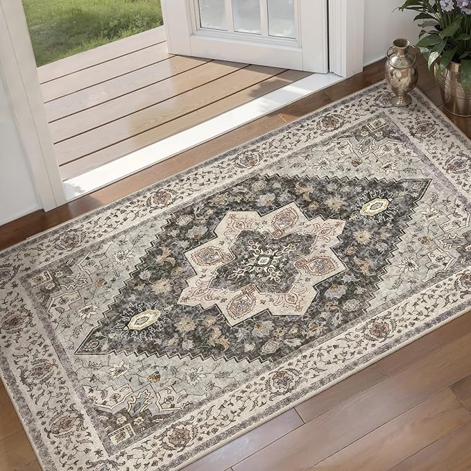 Tangsoo Kitchen Rugs 2x4 Washable Rug for Entryway Vintage Non Slip Small Rugs Front Door Mat Indoor Entrance, Farmhouse Throw Rug Grey Soft Low Pile Rugs Small Carpet for Entry Bedroom Bathroom