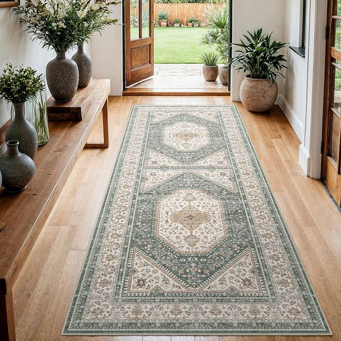 3x6 Runner Rug for Hallway Washable: Non Slip Kitchen Rugs with Rubber Backing Soft Waterproof Wide Mats Stain Resistant Low Pile Carpet for Entryway Bedroom Bathroom Laundry Home Decor Green/Beige