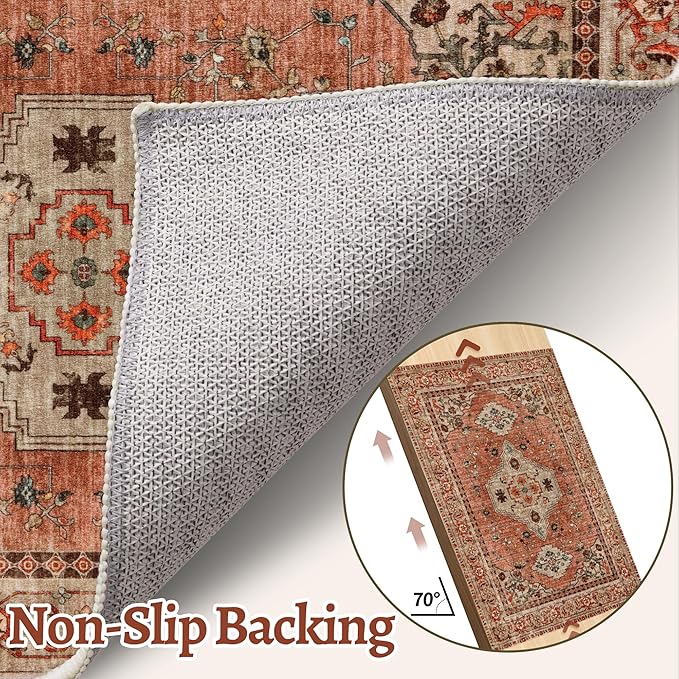 Tangsoo Boho 9x12 Area Rug for Living Room, Washable Vintage Rug Indoor Non Slip Large Area Rugs, Print Oriental Carpet Soft Low Pile Foldable Floor Room Rug for Bedroom Dining Room Terracotta