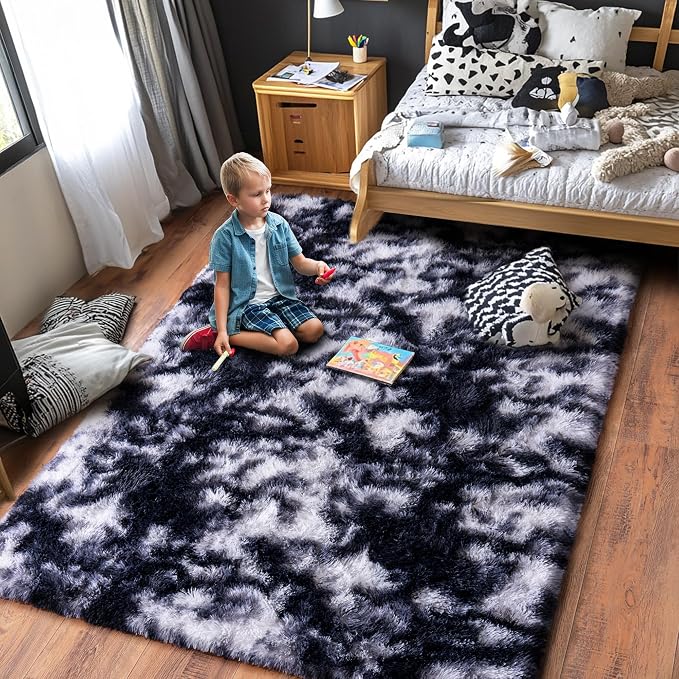 Rugs for Living Room 10x14, Soft Shaggy Modern Shag Area Rug for Bedroom, Upgrade Non-Slip Plush Fluffy Carpet for Kids Boys Girls Room Home Decor Aesthetic,Black and White
