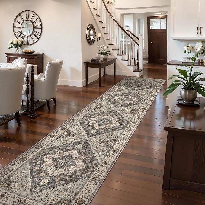 Tangsoo Farmhouse Hallway Runner 2.6x12 Washable Runner Rug for Hallways, Non Slip Vintage Soft Low Pile Long Rug Runner, Distressed Carpet Runners for Kitchen Bedroom Entryway Bathroom Living Room
