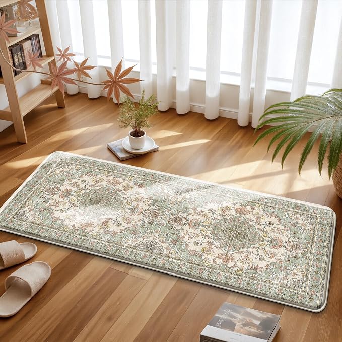Boho Kitchen Mats for Floor 2 Piece Set Anti Fatigue Cushioned PVC Kitchen Rugs Non Slip Waterproof Farmhouse Mats 2/5 Inch Comfort Standing Mat for Laundry, 17.3"x59"+17.3"x28", Green Orange Beige