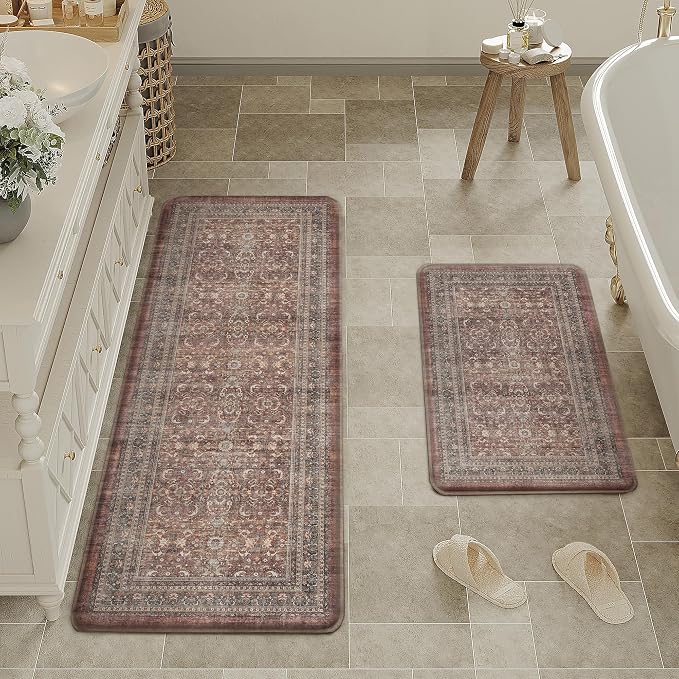 2-Piece Red Vintage Kitchen Mat Set | Washable, Anti Fatigue, Non Slip, Soft, Vintage, Floral, Distressed, Farmhouse, for Sink Entryway Bathroom Laundry