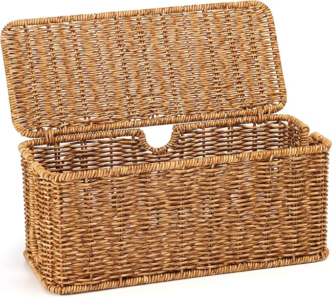ZhiYo Rattan Cable Management Box, Speckled Brown, 12.5" x 5" x 5.2" | Handwoven imitation rattan cord organizer box conceals power strips and cables for a clean desk or floor setup