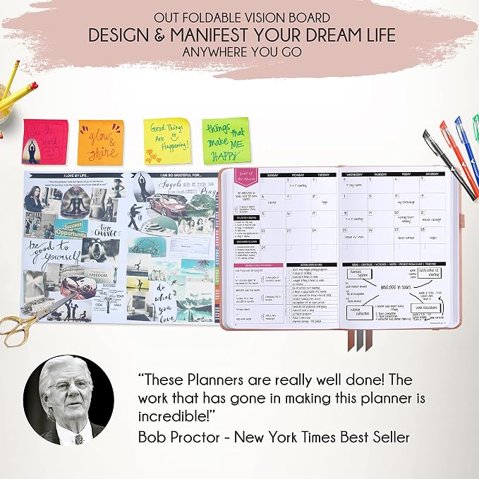 Deluxe Weekly and Monthly Planner | Law of Attraction Planner with Productivity App | 12-Month for Productivity, Gratitude & Goal Setting | Includes Foldable Vision Board, Gift Box & Stickers