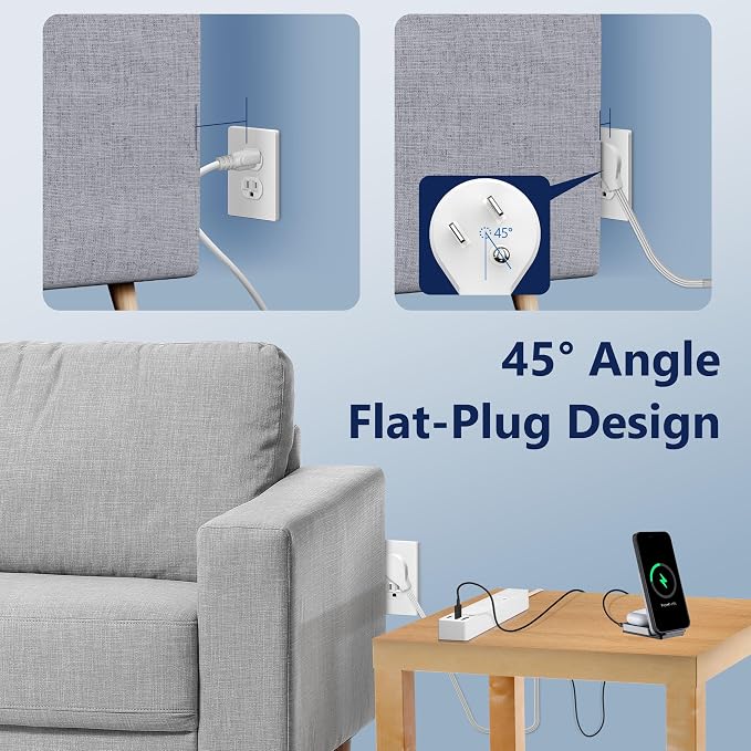 LIDER Outlet Extender with 3 Receptacles, USB-A & 2 USB-C Ports, Ultra-Thin Flat-Plug with Cord Extender, 3-Outlet Power Strip, Slim Angled Design, 5ft Cord, 1250W, ETL Listed, Matte White