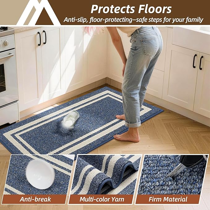 COSY HOMEER Kitchen Rugs Non-Slip 20x30/20x48 Inch Thick Polypropylene Standing Mat for Home Machine Washable, Bule Frame