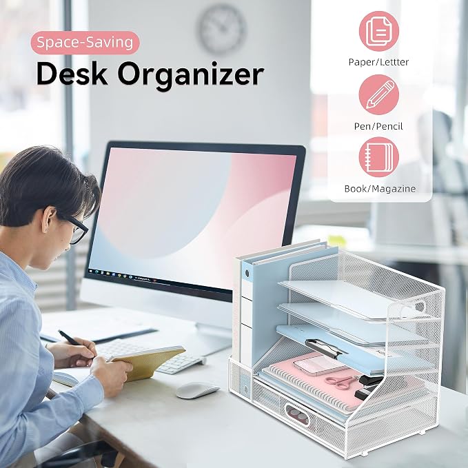 Desk Organizer with 5 Tier File Holder and Sliding Drawer Pen Holder White | Paper Letter Tray with 3 Tilted File Sorters to Keep Desk Accessories and Office Supplies within Reach