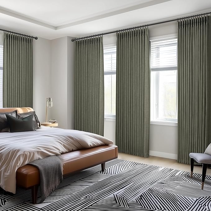 Extra Long Double Layer Linen Blackout Bedroom Window Curtains 105 Inches Long 2 Panels Set, Farmhouse Memory Trained Pinch Pleated Greenish Grey Sound Dampening Large Living Room Curtain 40W x 105L