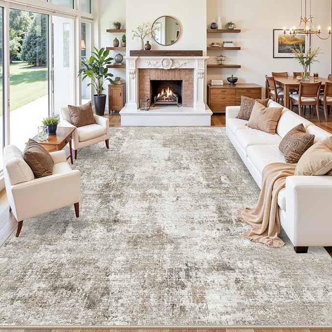 12x14 Area Rug for Living Room – Washable Non-Slip Soft Extra Large Carpet for Bedroom Dining Room Family Room, Modern Neutral Abstract Low Pile Thin Indoor Big Rug （Beige Grey）
