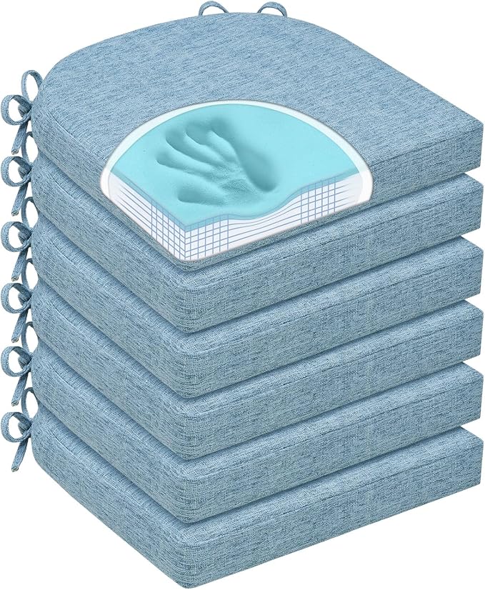 Chair Cushions for Dining Chairs, Non Slip Chair Pads with Ties and Covers, Memory Foam Kitchen Chair Cushions Set of 6, 16"X16"X2.5", Light Blue