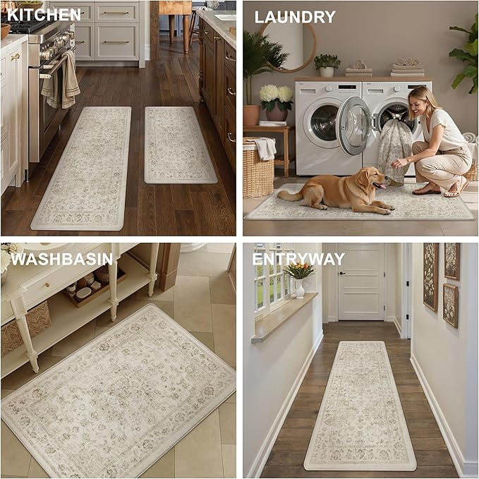Anti Fatigue Kitchen Mats 2PCS Beige Neutral Mats for Cushioned Vintage Kitchen Matss for Floor Non-Slip Waterproof Comfort Standing Rug for Sink Laundry Office 17.3"×59"+17.3"×30"