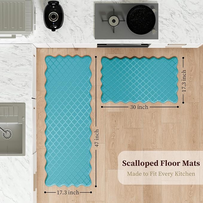 Arenarug Upgrade Scalloped Embossed Kitchen Mats for Floor 2PCS Cushioned Anti Fatigue Waterproof Foam Kitchen Rugs Non Slip Washable Comfort Standing Mat for Sink Laundry, 17.3"x30"+17.3"x59", Blue