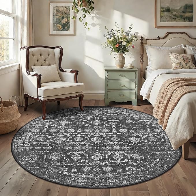 8ft Black Round Washable Area Rug for Living Room Vintage Boho Non Slip Circle 8x8 Large Rug Distressed Floral Carpet Indoor Retro Soft Low Pile Farmhouse Throw Rug for Bedroom Nursery Office