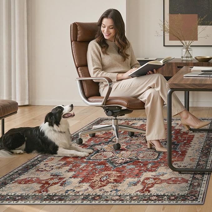 30"x48" Office Chair Mat for Hardwood Tile Floor, Under Desk Carpet Protector for Rolling Computer Chair Mat, Machine Washable Area Rug, Anti-Slip 1/5" Thick Low Pile Thin Vinyl Floor Mat, Annatto