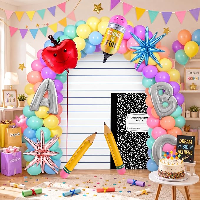 Hahafelt 161 Pcs Back to School Party Decorations Pastel Balloons Garland Arch Kit with Large Composition Notebook Backdrop Abc Crayon Pencil Balloons for First Day of School Classroom Party Supplies