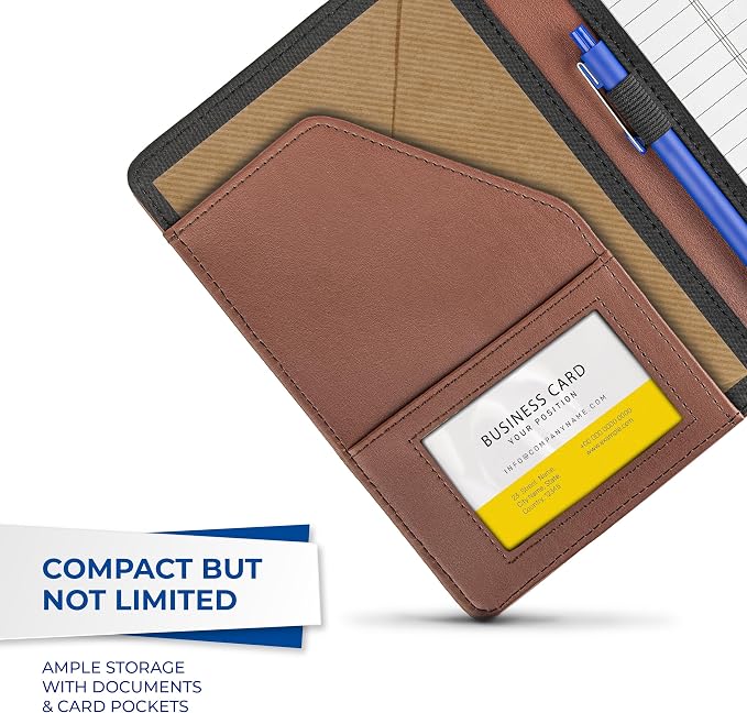 Samsill Contrast Stitch Faux-Leather Portfolio, Mini Size Business Interview Professional Padfolio, Includes 5 x 8 Inch Writing Pad, Brown
