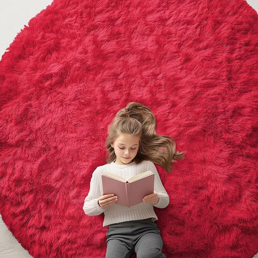 OLANLY Red Round Rugs for Bedroom - Machine Washable, 7 ft Circle Area Rugs for Living Room, Soft and Fluffy Shaggy Carpet for Teen Girls and Boys, Nursery Rooms, Dorms, Home Decor Aesthetic