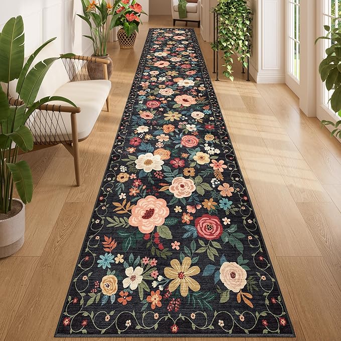 DUKINO 2x14 Runner Rug, Floral Long Washable Boho Kitchen Runner Rug with Non Slip Backing, Soft Non Shedding & Low Pile Carpet for Bedroom, Entrance, Laundry, Bathroom, Black