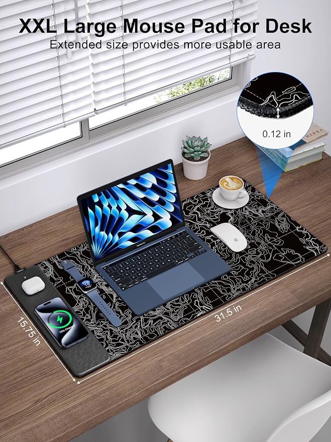 TopMade Mouse Pad with 15W Fast Wireless Charging, 31.5"x15.75" XXL Large Gaming Waterproof Desk Pad with Ultra-Smooth Surface, Non-Slip Base, Computer Desk Mat, Black Topographic Map #3
