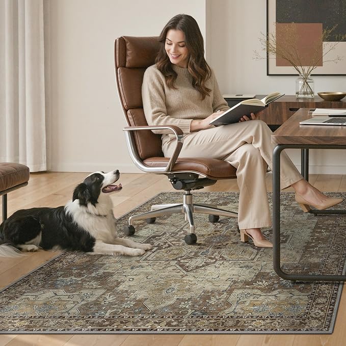 48"x72" Office Chair Mat for Hardwood Tile Floor, Under Desk Carpet Protector for Rolling Computer Chair Mat, Machine Washable Area Rug, Anti-Slip 1/5" Thick Low Pile Thin Vinyl Floor Mat, Brown