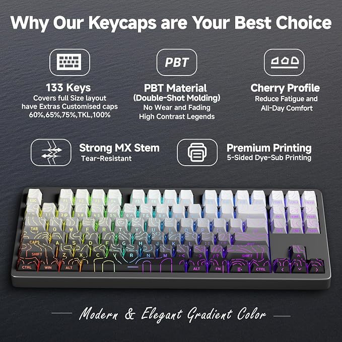 133 Aesthetic Topographic PBT Keycaps, No Tearing, Never Fade & Non-Slip, Modern RGB Backlit Gray-to-Black Gradient Keycaps for Mechanical Keyboard - Ergonomic (Doubleshot, Fit for All MX Layout)