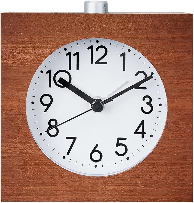 Wooden Analog Alarm Clock Silent Battery Operated with Night Light | Wood Body Non-Ticking for Tabletop Bedroom Bedside Heavy Sleepers Brown