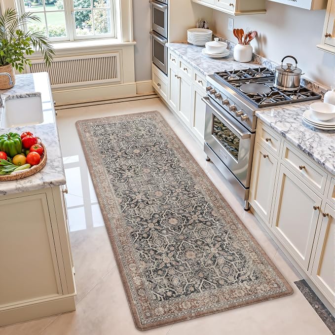 Color&Geometry Kitchen Floor Mat 24x59 Faded Vintage Anti Fatigue, Black | 0.4in Cushion Standing Mat For Cooking/Working/Laundry, Boho Decor, Non Slip PVC Kitchen Rug, Oil/Water Proof, Anti Slip