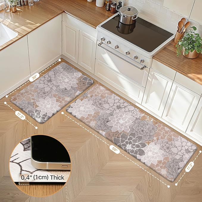GENIMO Anti Fatigue Kitchen Mats for Floor 2PCS, Cushioned Standing Mats | 17.3"x59"&17.3"x30", Taupe Grey vintage floral rug set, waterproof, non slip, easy-clean for farmhouse
