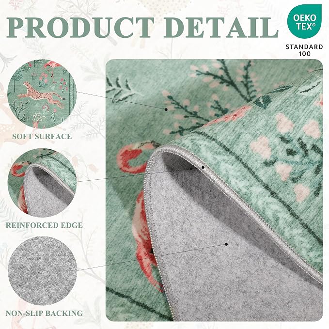 DUKINO 2x4 Rug for Hallway, Washable Kitchen Runner Rug with Non Slip Backing, Soft Low Pile Vintage Animal Runner for Bedroom, Kitchen, Hallway, Entryway, Laundry, Teal