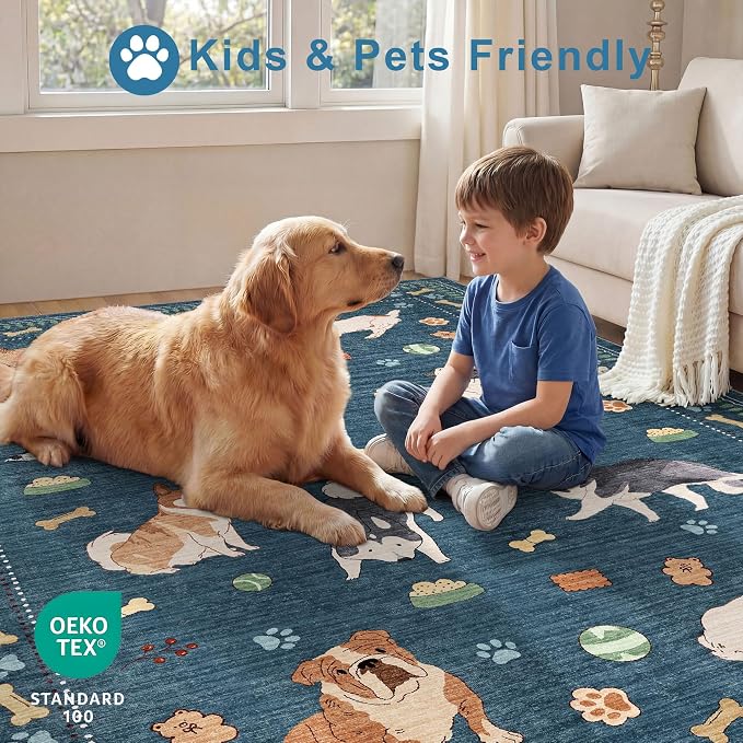 DUKINO 2x4 Runner Rug for Entryway, Animal Dog Print Washable Kitchen Rug with Non Slip, Low Pile Indoor Door Mat Non Shedding Small Throw Carpet Runner for Hallway, Bathroom, Laundry, Bedroom, Blue