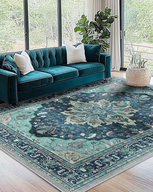 RELEANY Area Rugs 7'x9' Washable Non-Slip, Floral Vintage Distress Medallion Carpet for Living Room Bedroom Dining Room, Teal Green Lake Blue Turquoise